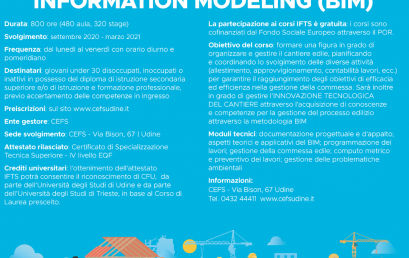 >> Avvio Settembre 2020 Percorso IFTS: Tecniche di organizzazione e gestione del cantiere edile attraverso il Building Information Modeling (BIM)